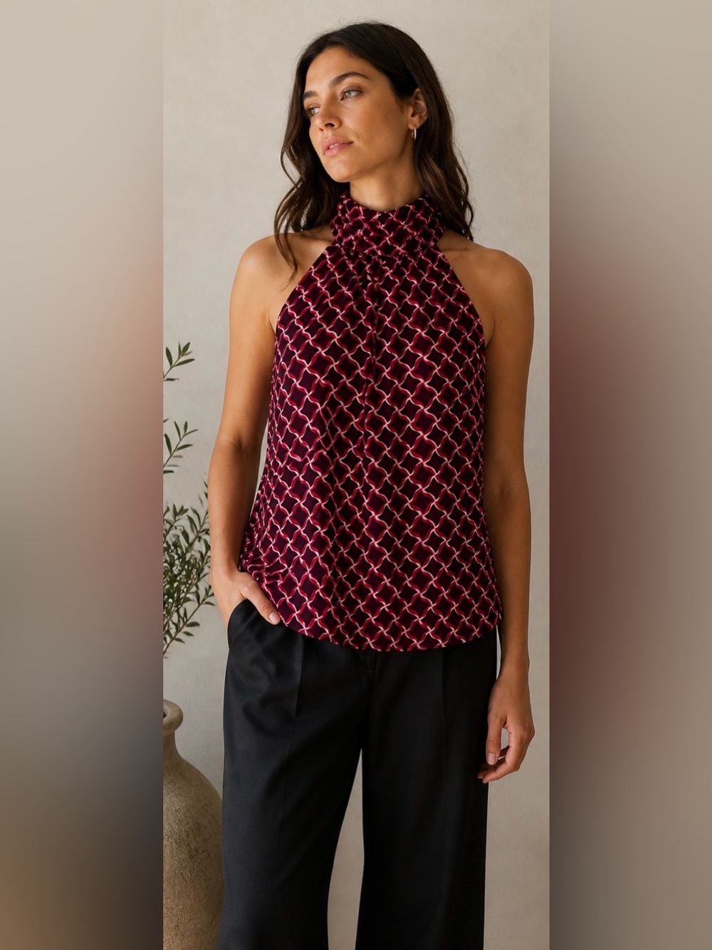 NWT Banana Republic Halter Blouse Burgundy ruffle neck back tie Size M Geo print